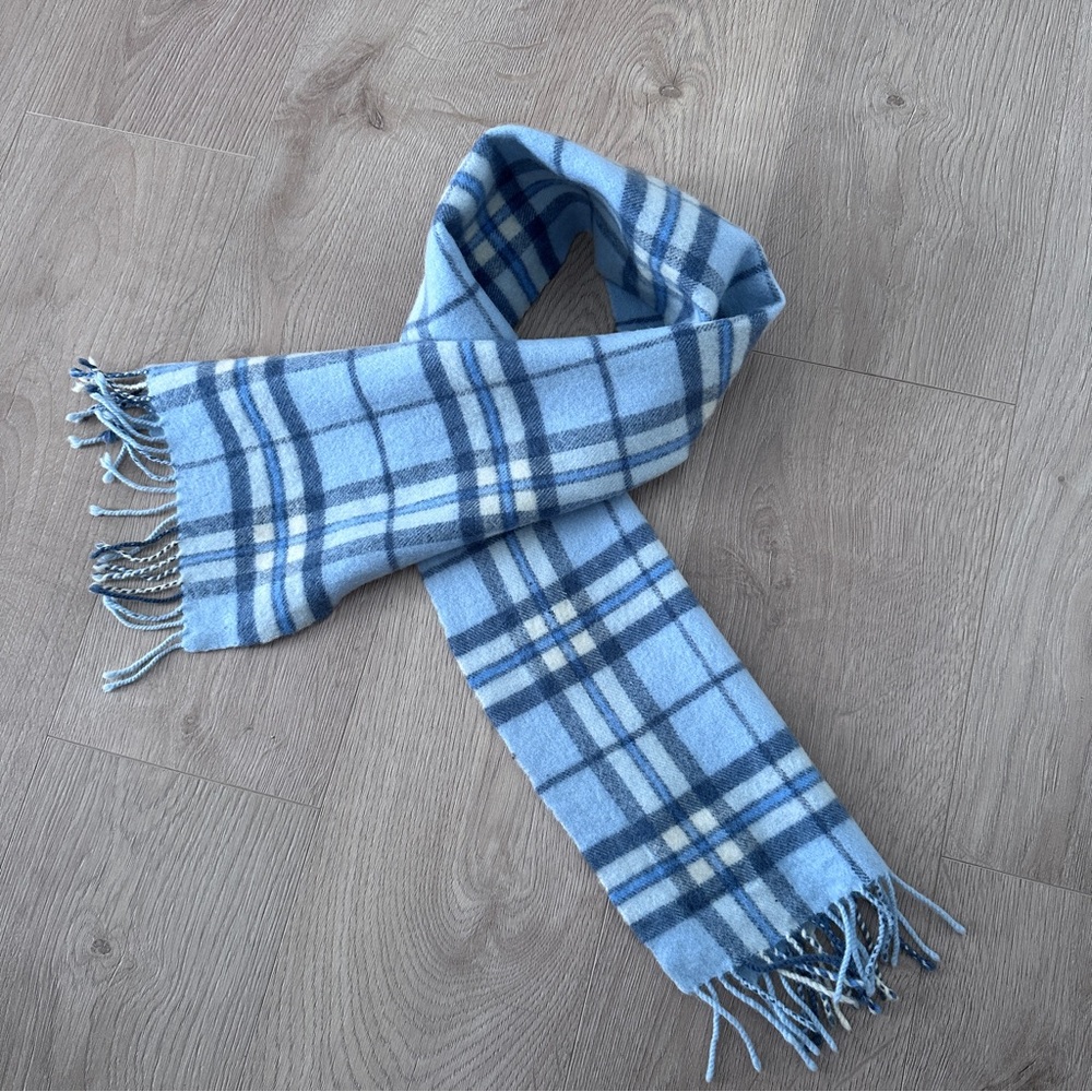 100% Lambs Wool Nova Check Fringe Scarf -Blue